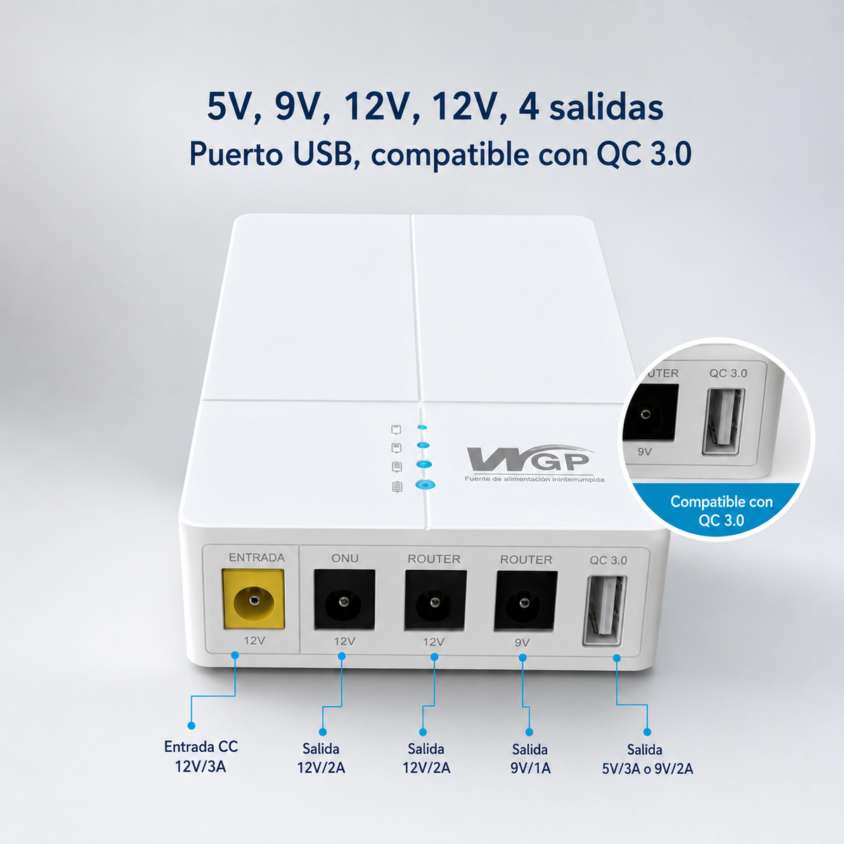 Detalle frontal de conexiones del Mini UPS portátil ROMALTA
