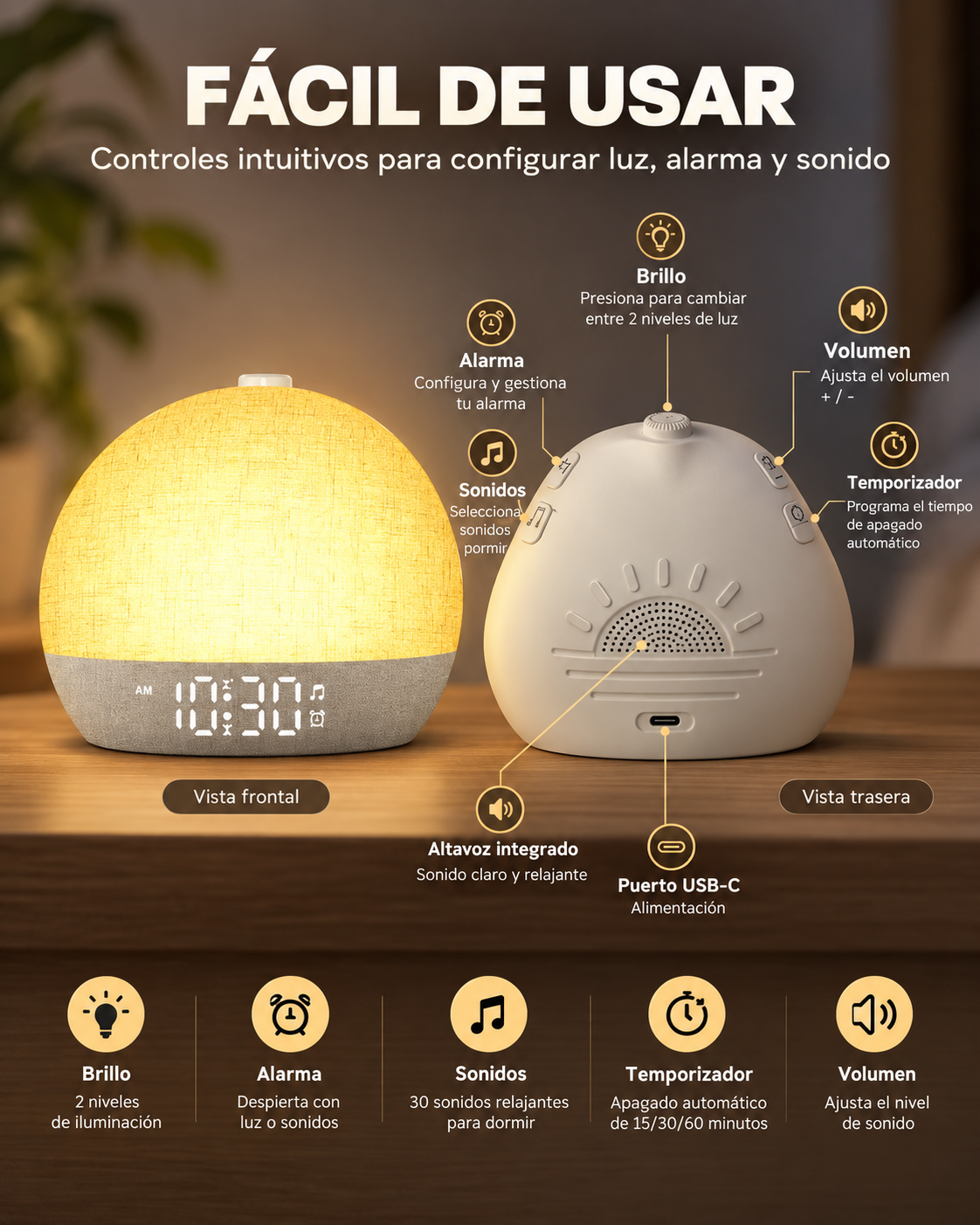 Controles del despertador ROMALTA Aurora