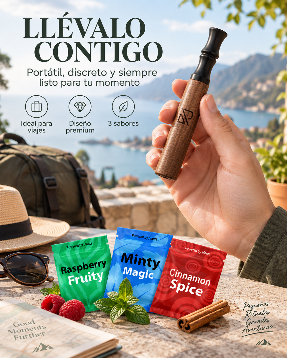 Boquilla de aromaterapia ROMALTA de madera en un entorno de viaje
