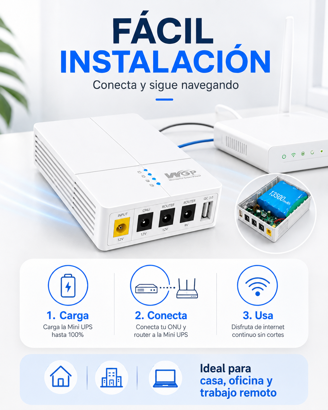Mini UPS ROMALTA 13500mAh - instalación sencilla para router y ONU