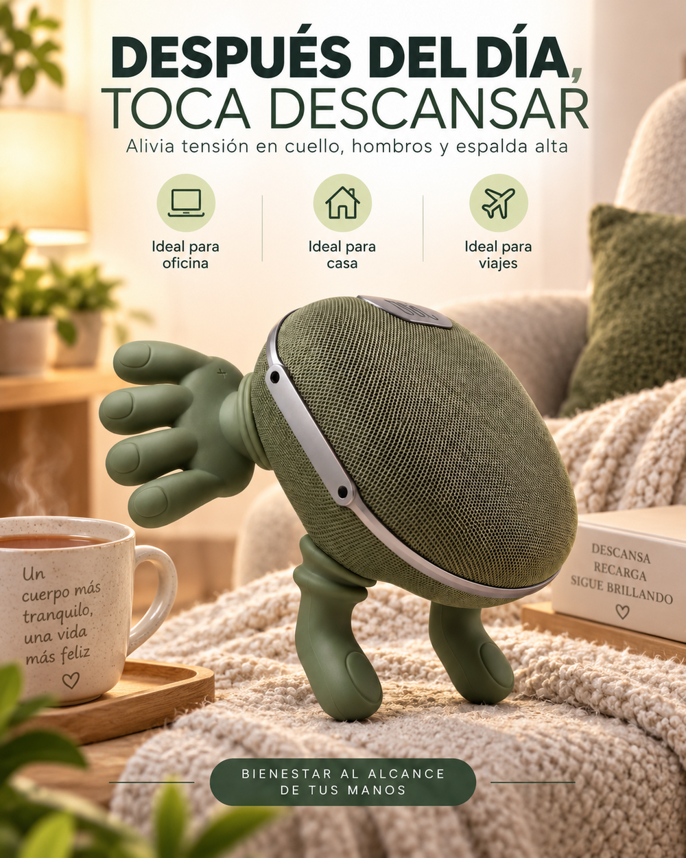 Masajeador N7 verde en un ambiente de descanso cálido